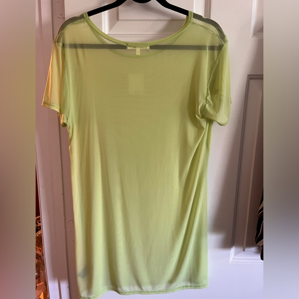 Lime Green Mesh Short Sleeve Longline Cover Up Sheer Mini Dress Tall T Oversized